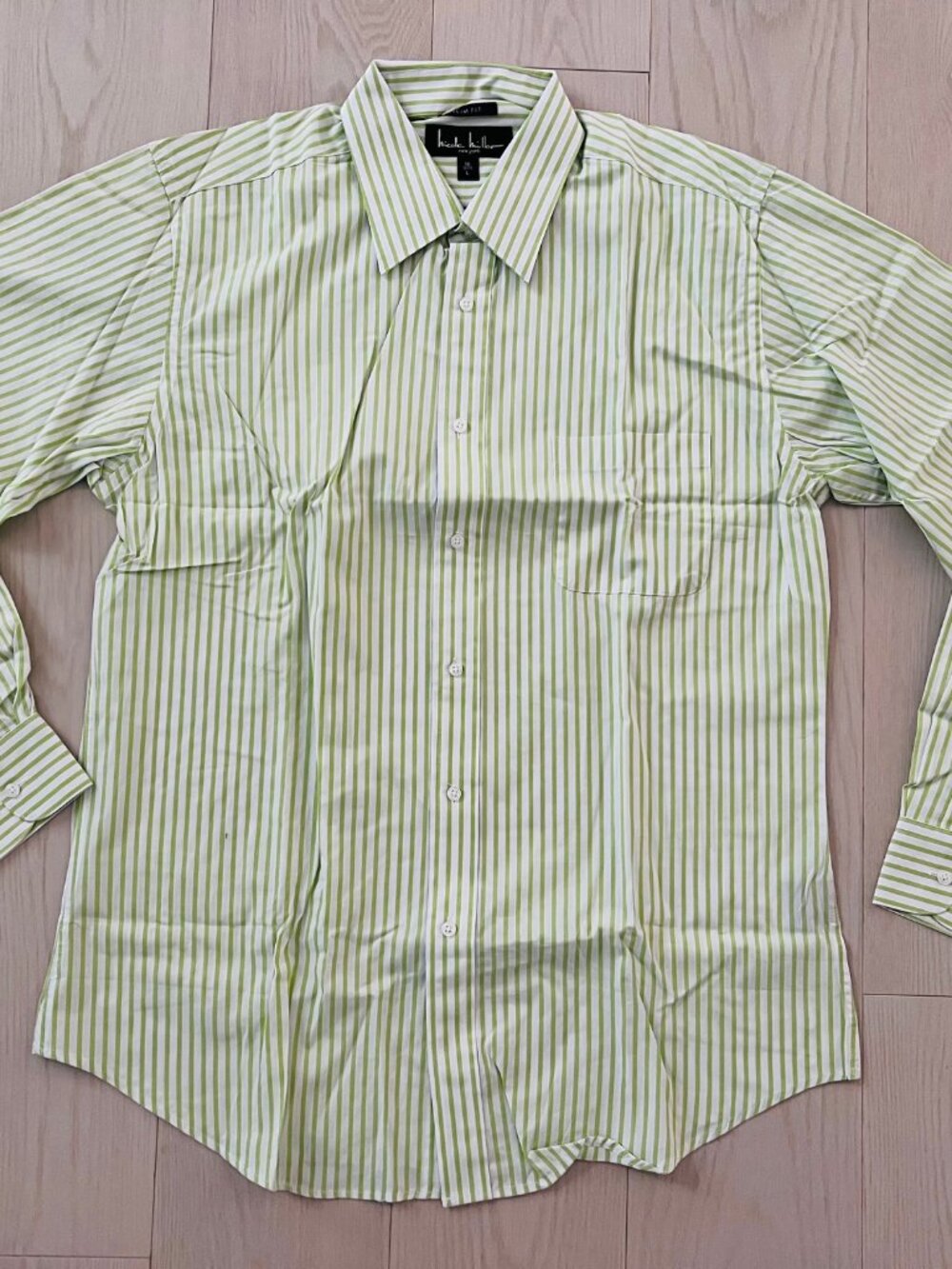 NICOLE MILLER New York SLIM FIT Lime GREEN Striped SHIRT Long Sleeve 16 L